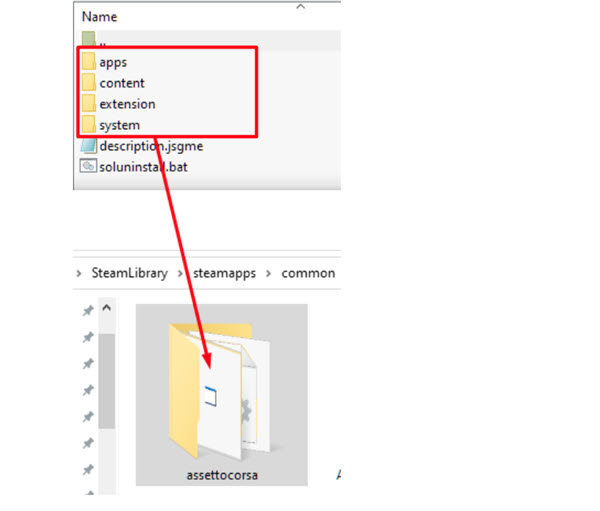 Dragging the apps, content, extension and system folders from a mod into the Assetto Corsa root directory