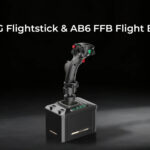 MOZA AB6 6Nm force feedback flight base with MHG general-aviation-style flightstick attached, official MOZA studio product photography