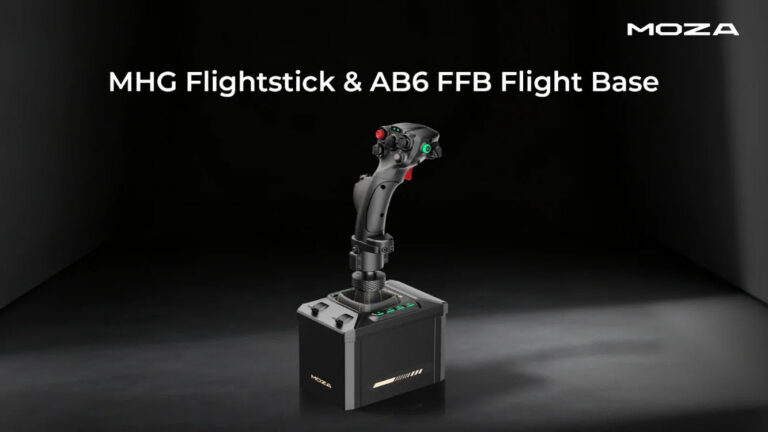 MOZA AB6 6Nm force feedback flight base with MHG general-aviation-style flightstick attached, official MOZA studio product photography