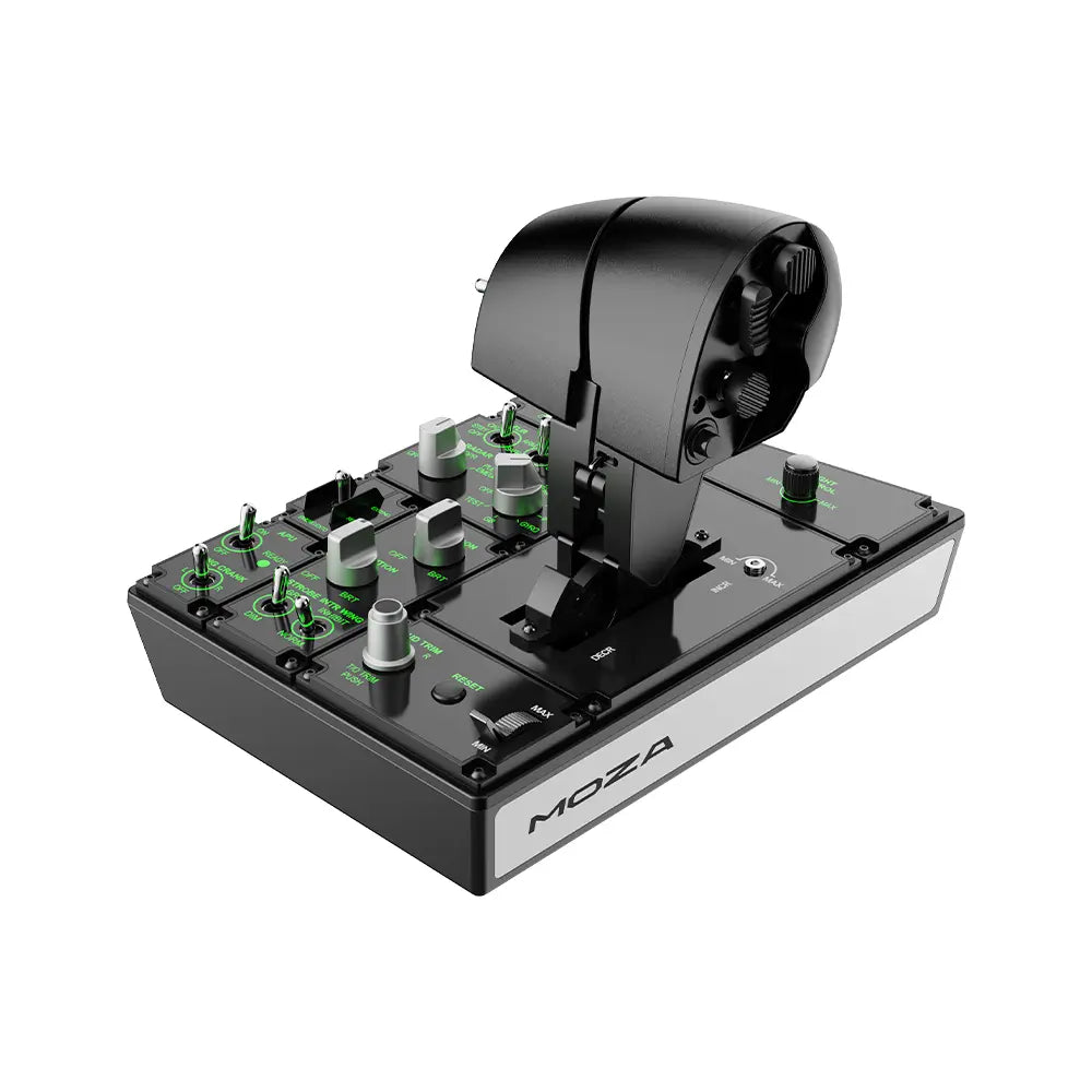 MOZA MTP fighter-jet-inspired throttle panel with aluminum grip and 27 programmable switches