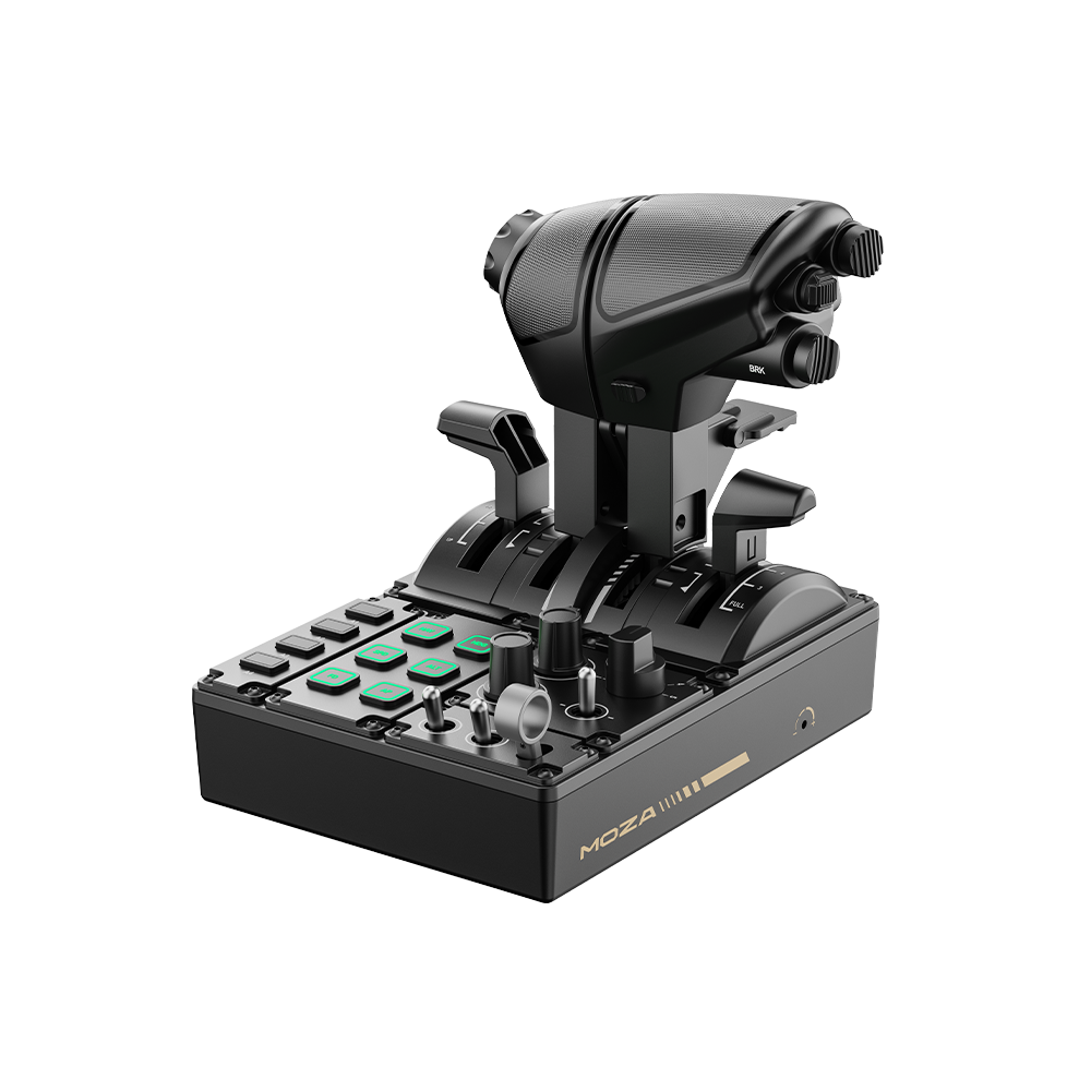 MOZA MTQ Throttle Quadrant - modular airliner throttle with Boeing Airbus and fighter modules, RGB-backlit controls