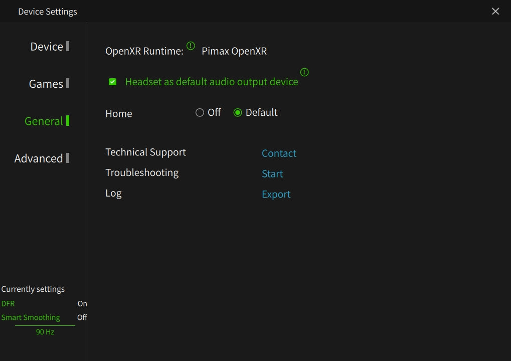 Pimax Play 2.0 General tab showing the OpenXR Runtime set to Pimax OpenXR