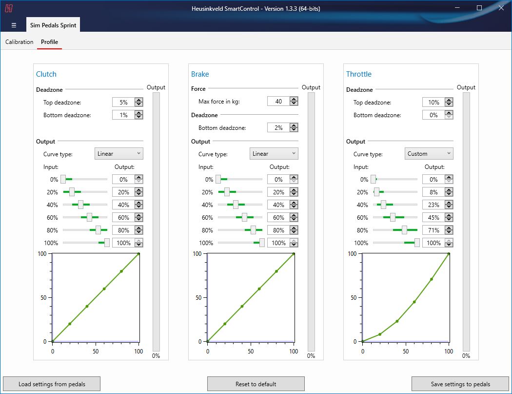 Heusinkveld SmartControl software showing bottom and top deadzone settings for clutch, brake and throttle