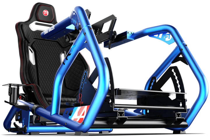 Trak Racer RS6 tubular cockpit frame in Alpine F1 blue, with race seat and Trak Racer livery