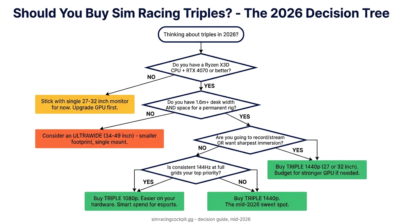 Decision tree flowchart for whether to buy sim racing triple monitors in 2026 - covers GPU, desk space, content creation, refresh rate priorities
