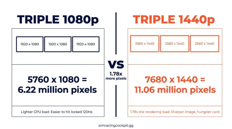 Infographic comparing triple 1080p (5760x1080 = 6.22M pixels) and triple 1440p (7680x1440 = 11.06M pixels) - 1.78x more pixels for 1440p