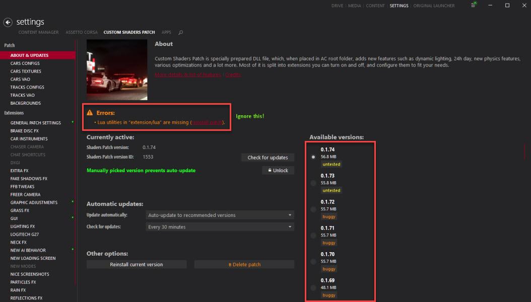 Custom Shaders Patch update screen in Content Manager showing the available versions list with version-mismatch error notice