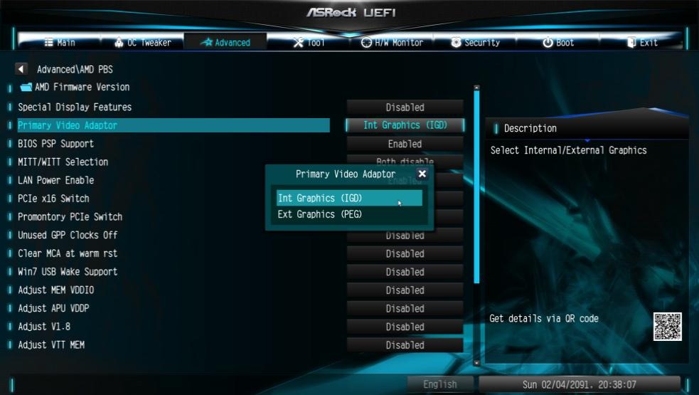 ASRock UEFI BIOS showing the Primary Video Adaptor setting