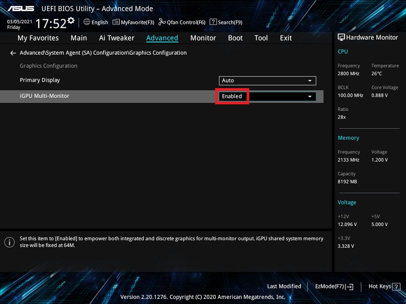 ASUS UEFI BIOS showing the iGPU Multi-Monitor and Primary Display settings