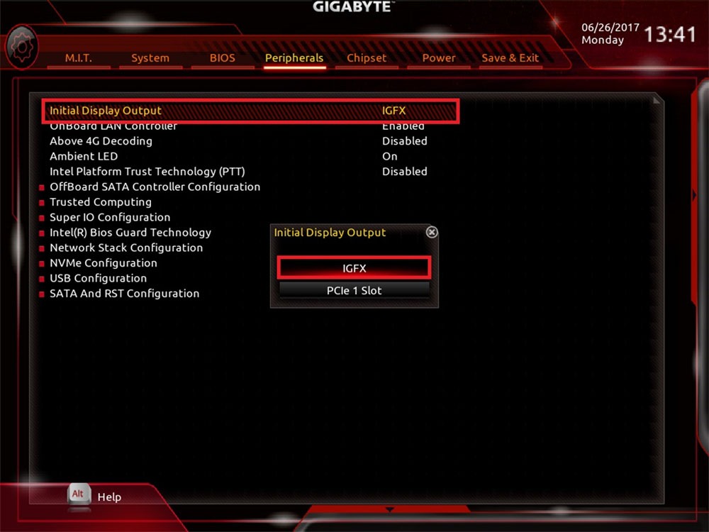 Gigabyte UEFI BIOS showing the Initial Display Output setting