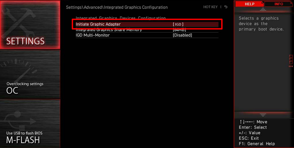 MSI Click BIOS showing the Initiate Graphic Adapter setting