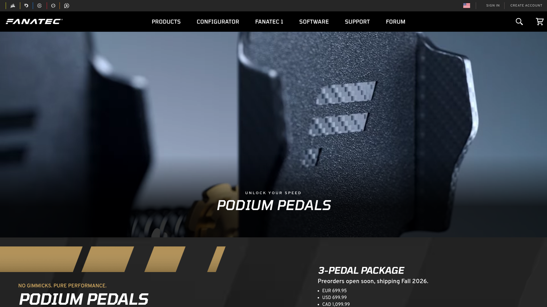 Fanatec Podium Pedals pre-order page showing the 3-pedal package at $699.99 shipping Fall 2026