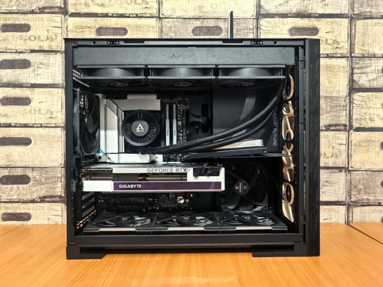 Custom sim racing PC build with the side panel off