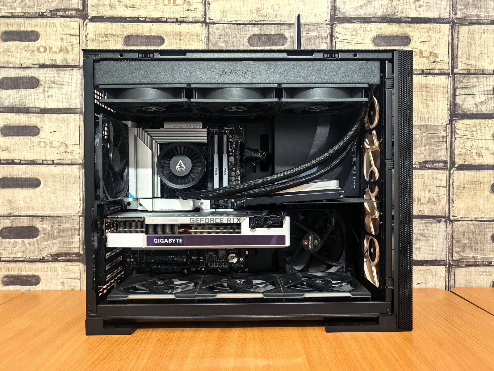 Custom sim racing PC build with the side panel off