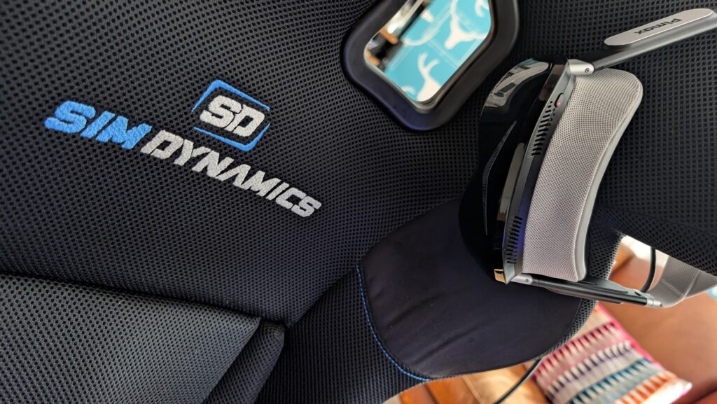 Pimax Dream Air hanging on Richard's Sim Dynamics race seat