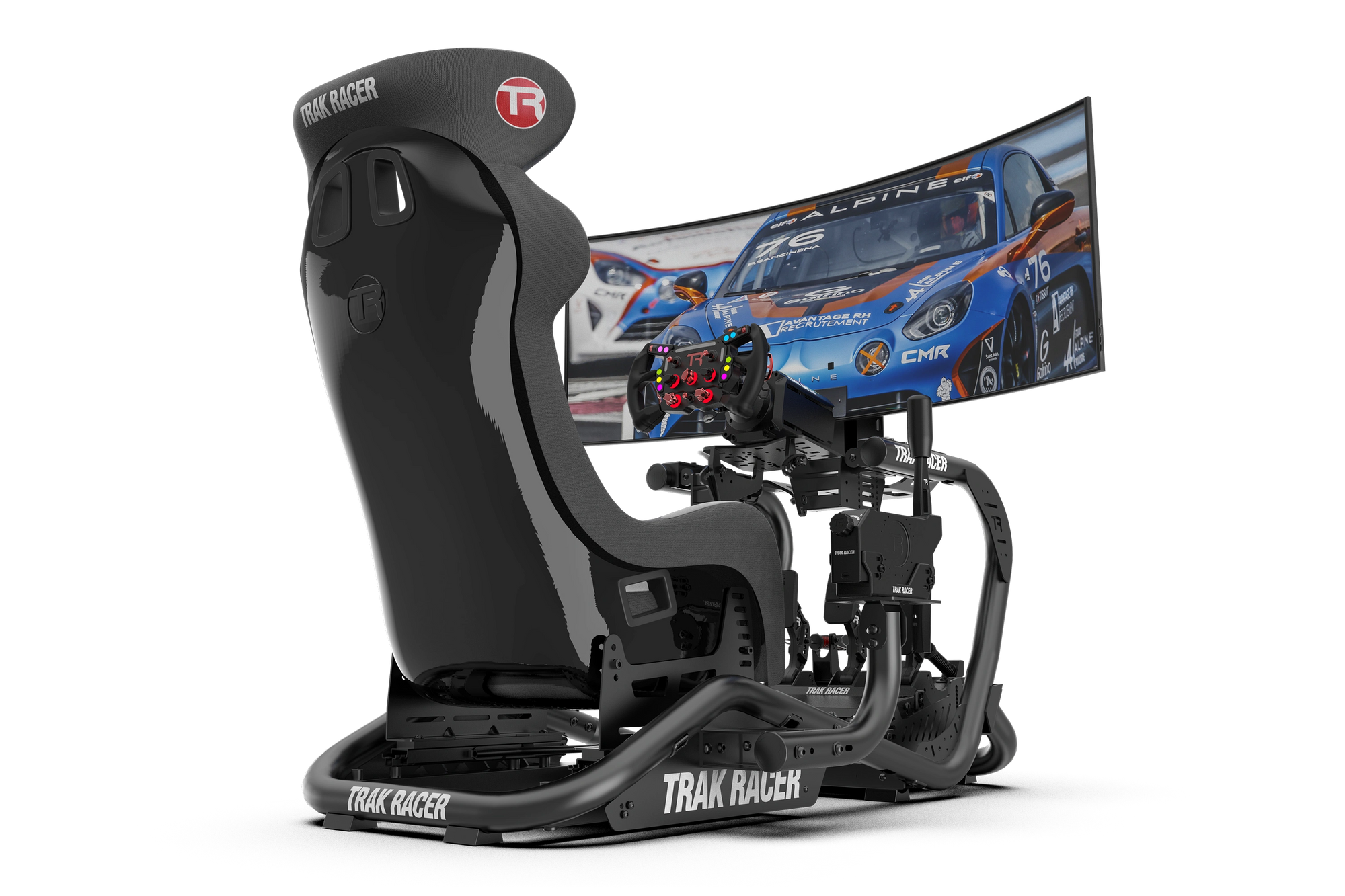 Trak Racer TR8 Pro V2 sim racing cockpit with racing seat, direct drive wheel and curved monitor
