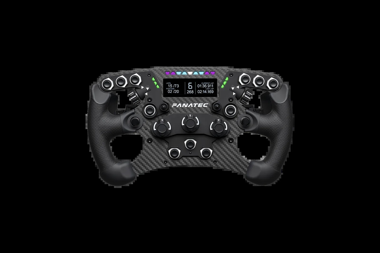 Fanatec ClubSport Formula V3 sim racing wheel front view showing the OLED display