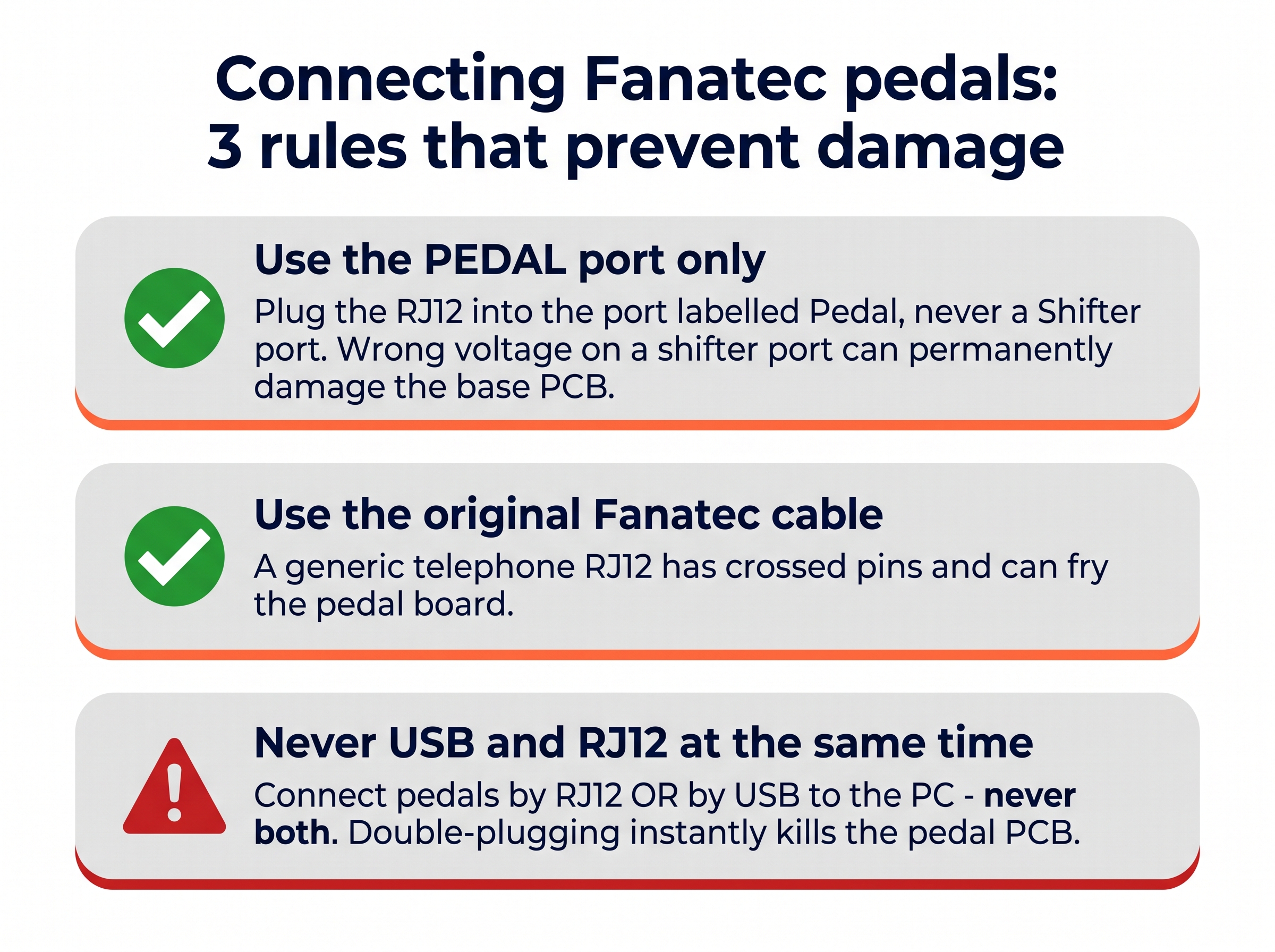 Three rules for connecting Fanatec pedals safely: use the pedal port not shifter, use the original cable, never USB and RJ12 at once