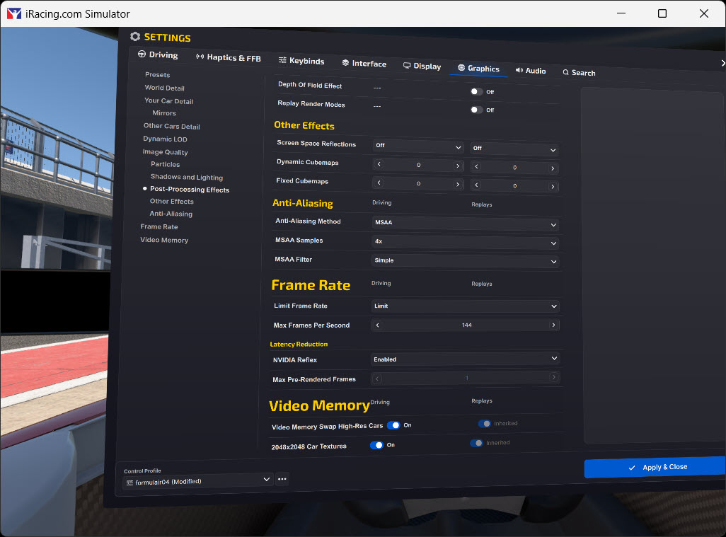 iRacing Anti-Aliasing at MSAA 4x, Max Frames 144, 2048 car textures on