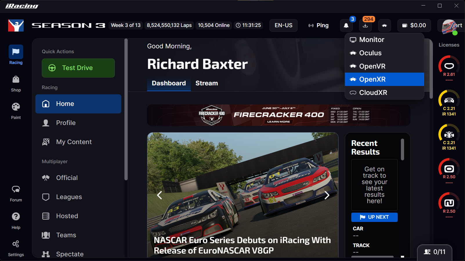 iRacing VR mode set to OpenXR in the launcher