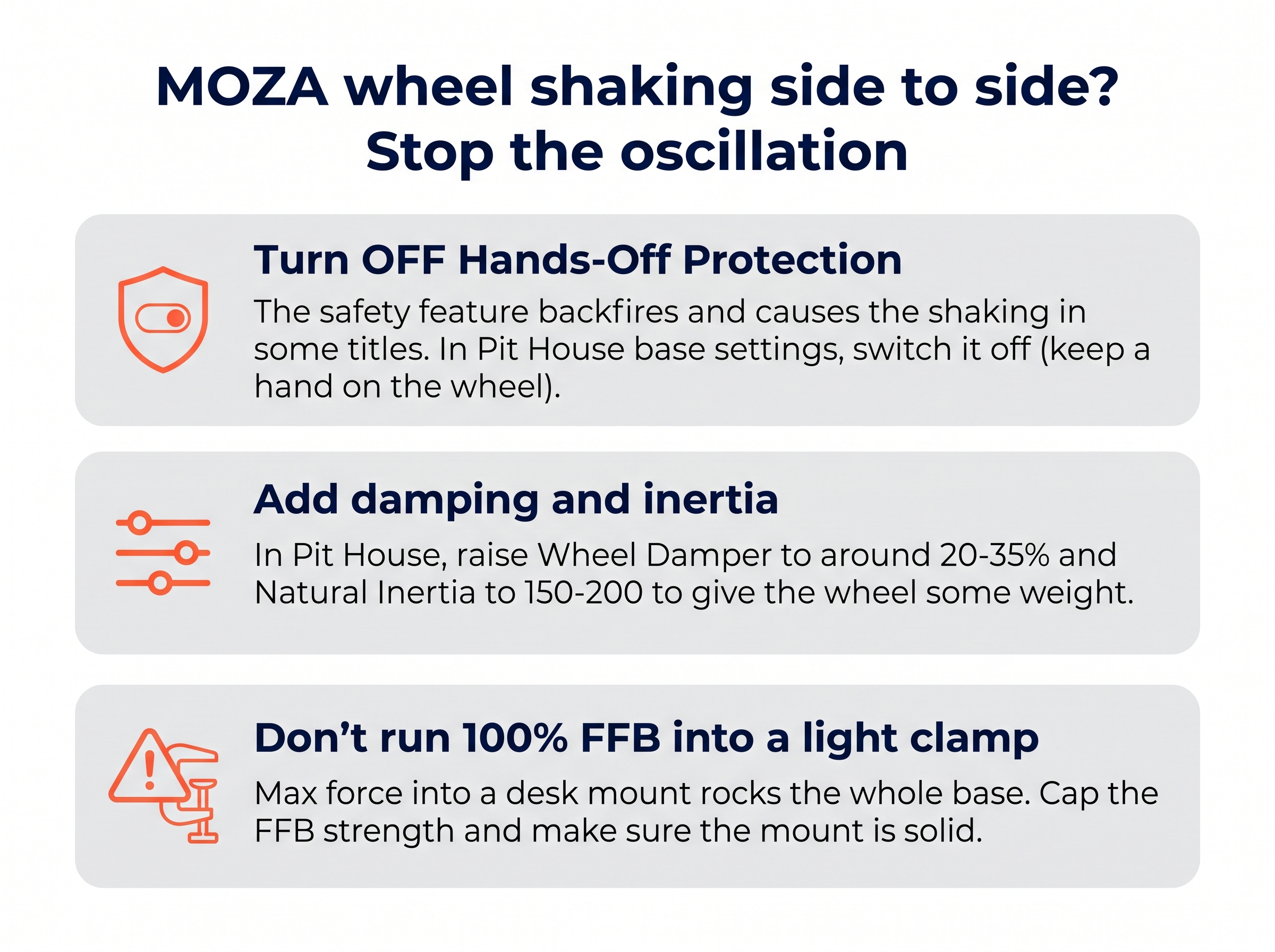 Fixing a MOZA wheel that shakes at rest: turn off Hands-Off Protection, add damping and inertia, do not run full FFB into a light clamp