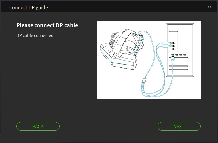 Pimax Play Connect DP cable guide showing the DisplayPort connection to the headset