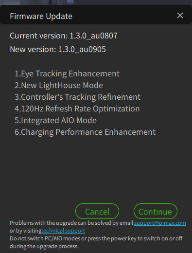 Pimax Play Firmware Update dialog with the warning not to switch modes or power off during the upgrade