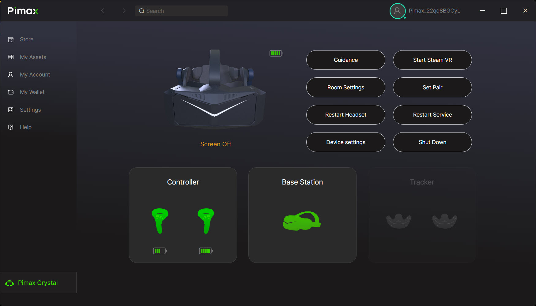 Pimax Play home screen with the Crystal connected, showing Restart Service and Device Settings buttons