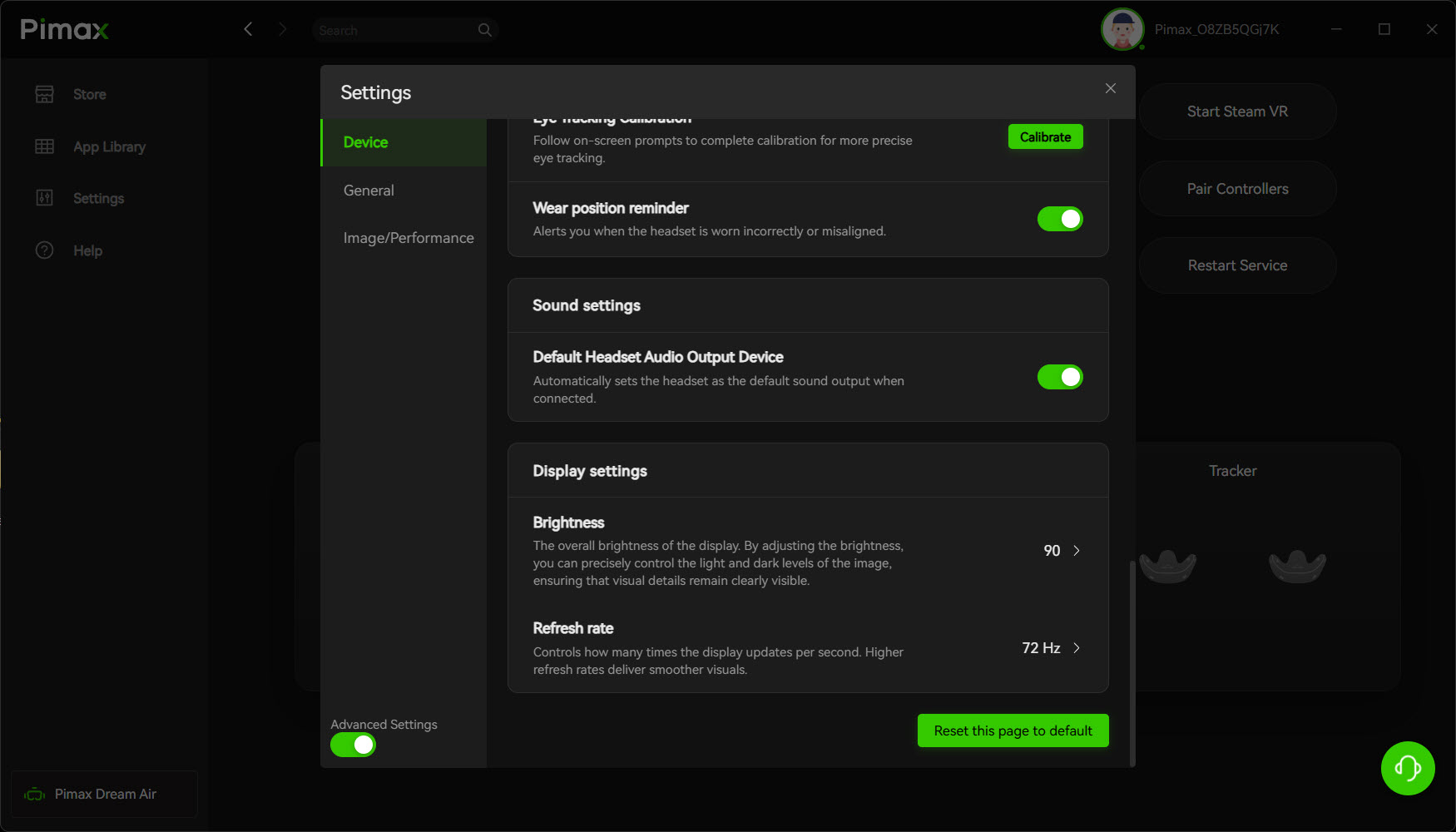 Pimax Play display settings: Brightness 90 and Refresh rate 72Hz