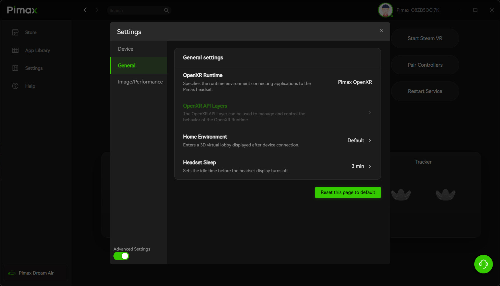 Pimax Play General settings with OpenXR Runtime set to Pimax OpenXR