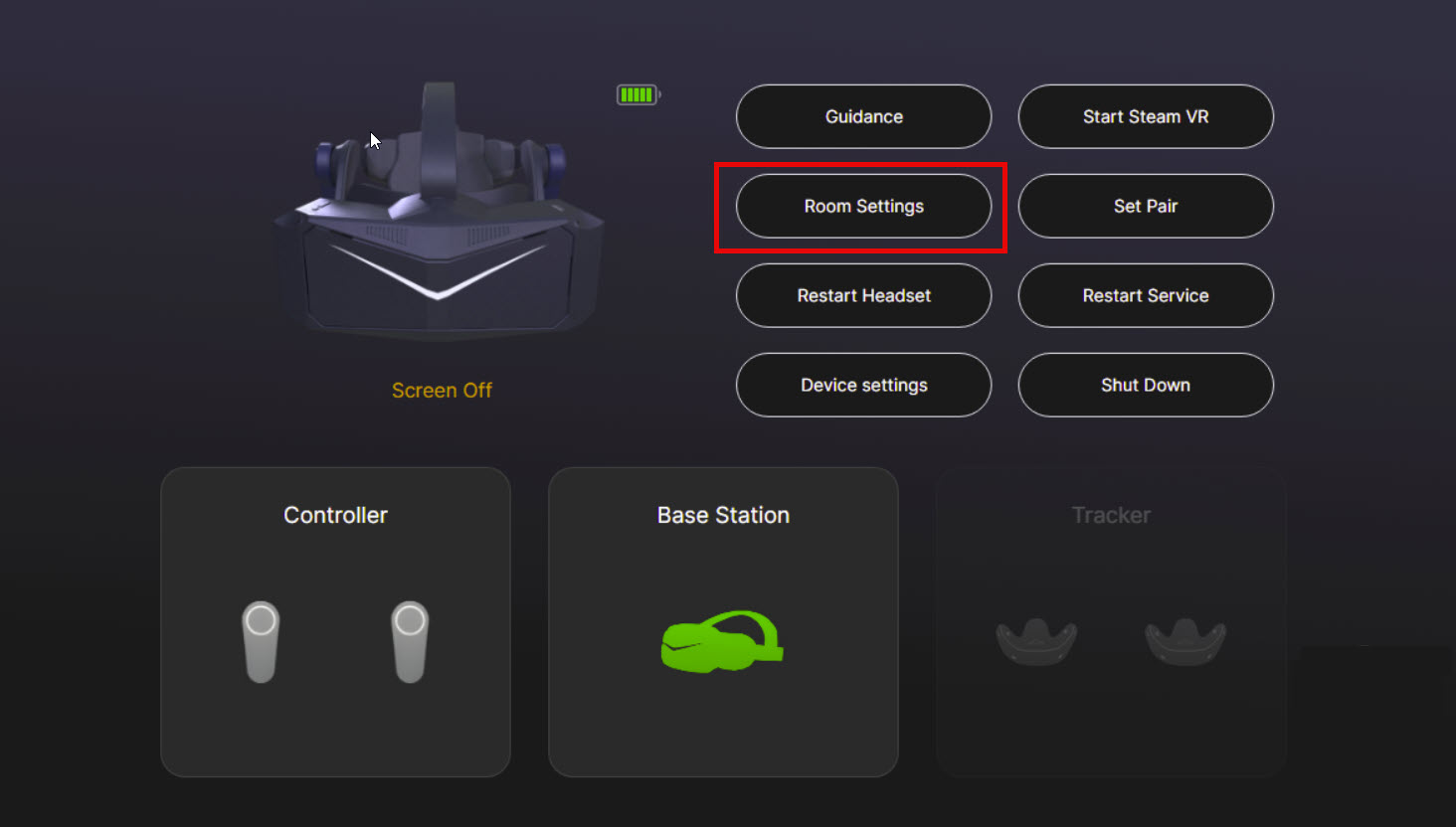 Pimax Play home screen with the Room Settings button highlighted for re-running tracking setup