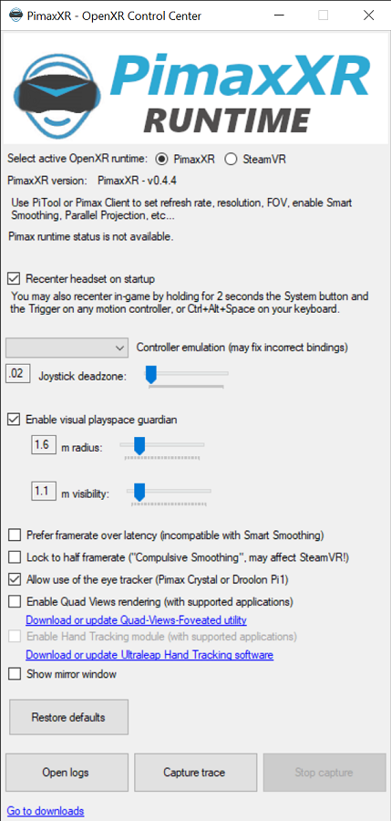 PimaxXR OpenXR Control Center with PimaxXR set as the active OpenXR runtime instead of SteamVR