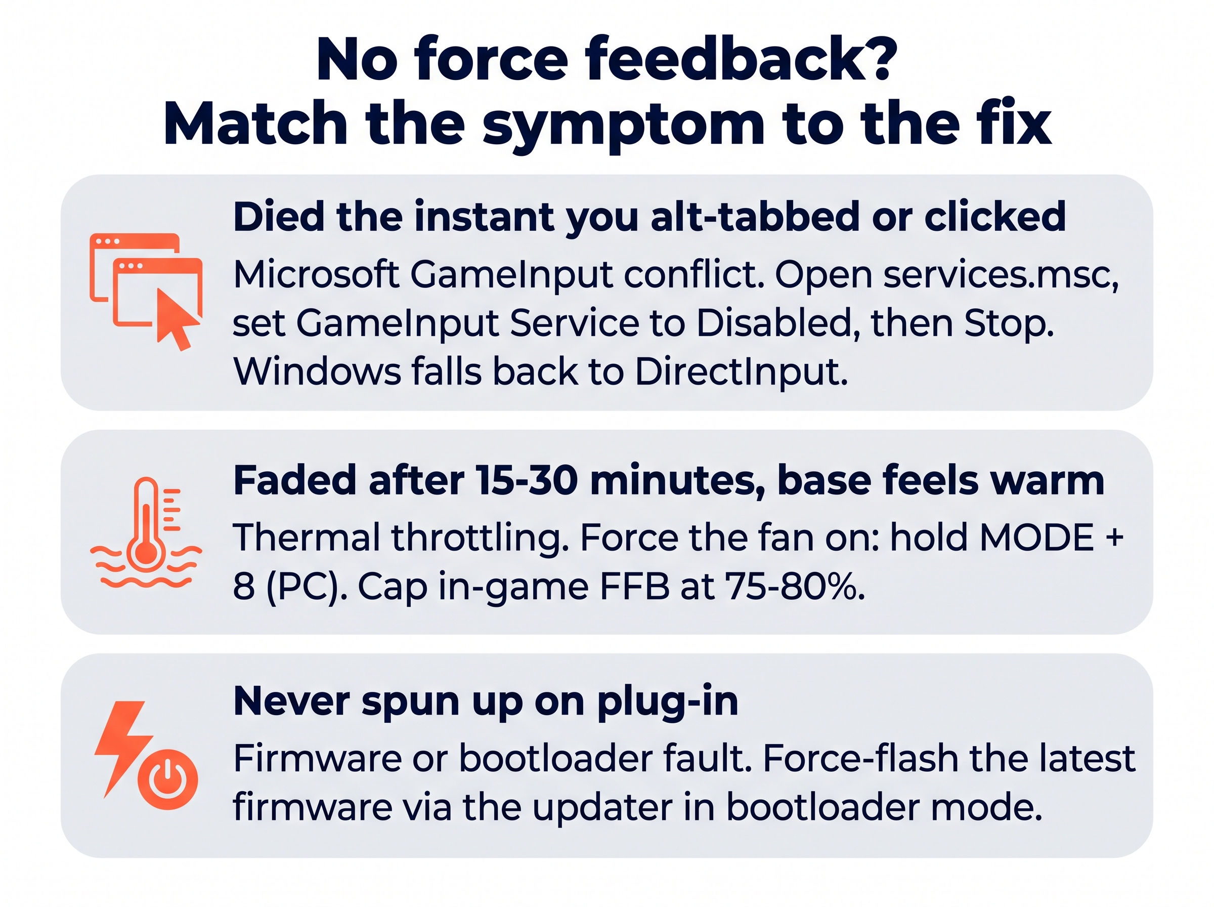 Thrustmaster no-force-feedback triage: GameInput conflict, thermal throttling, or firmware fault, each with its fix