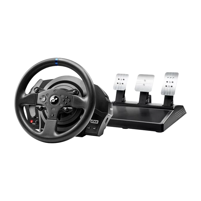 Thrustmaster T300 RS wheel showing the stock paddle shifters