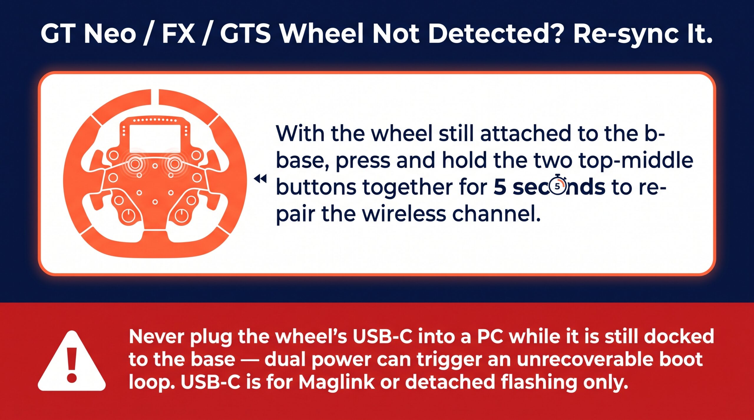 Instruction to re-sync a Simagic GT Neo, FX or GTS wheel by holding the two top-middle buttons for five seconds, with a warning never to connect the wheel by USB-C while docked