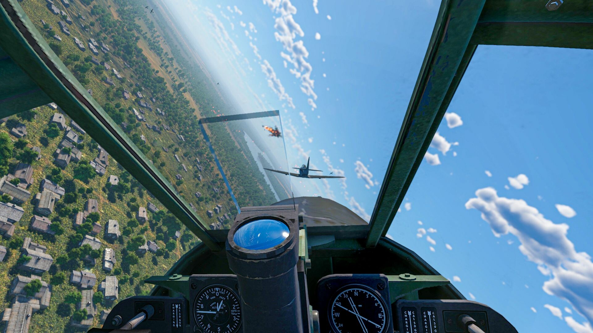 Aces of Thunder first-person WWII cockpit banking over a village with a burning enemy fighter