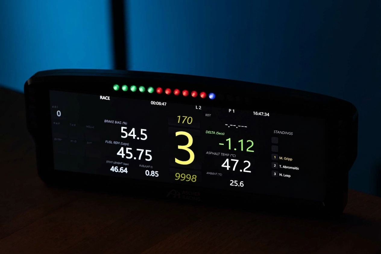 Ascher Racing 8-inch DDU showing live SimHub telemetry and RGB shift lights