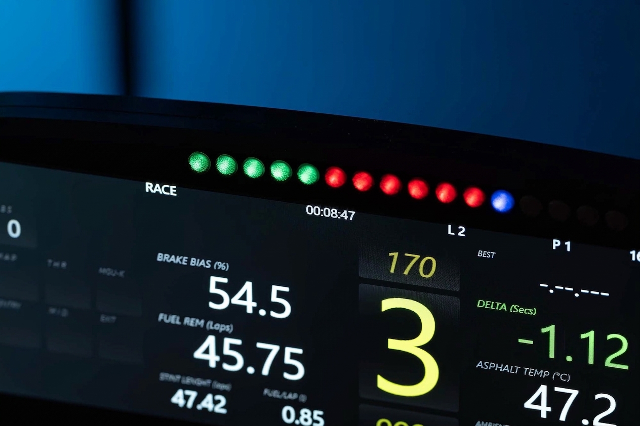 Ascher Racing 8-inch dashboard RGB shift LEDs and telemetry close-up