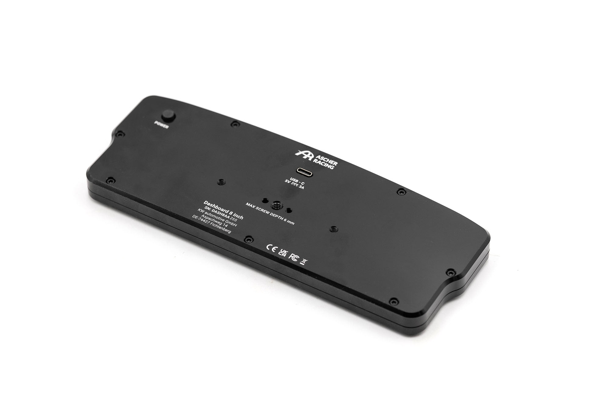 Ascher Racing 8-inch dashboard rear with USB-C, power button and quarter-inch mount
