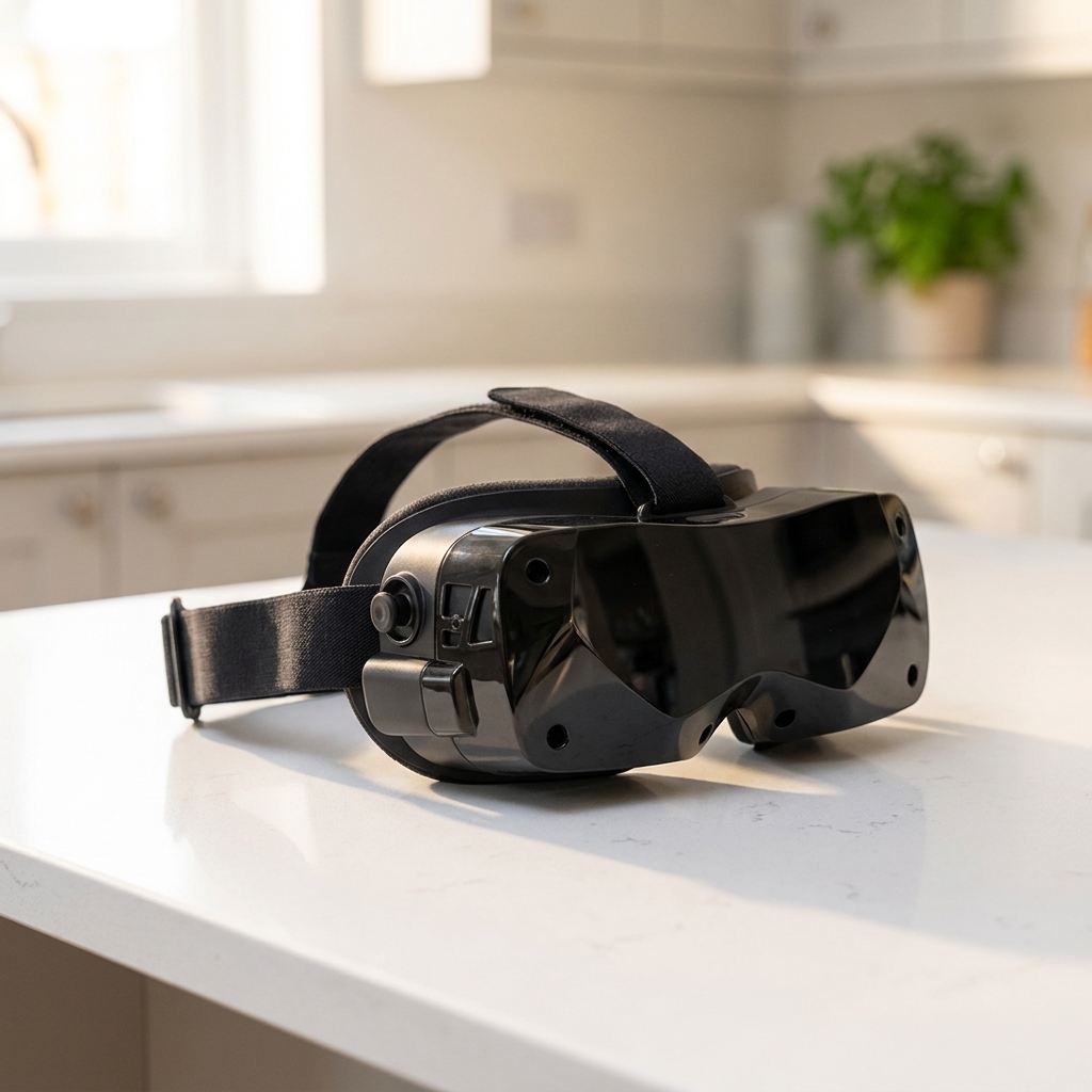Bigscreen Beyond 2 VR headset on a white kitchen worktop