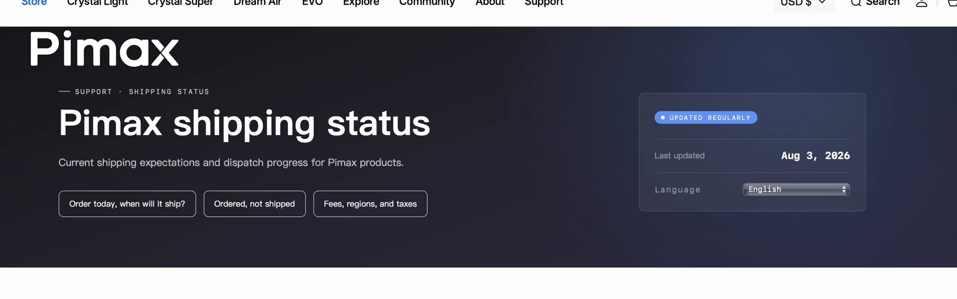 Pimax Shipping Status page, last updated August 2026, showing dispatch progress