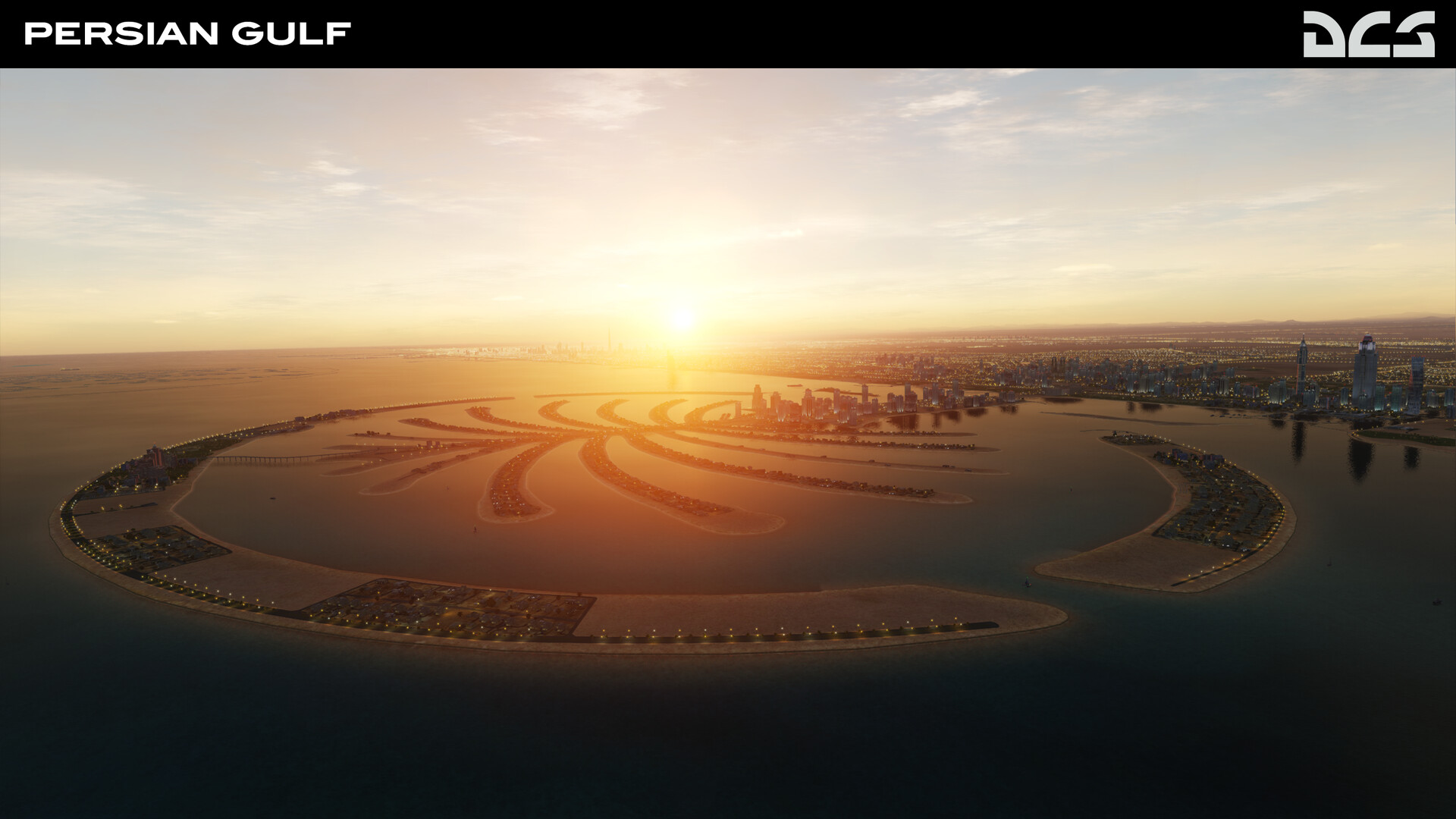DCS World Persian Gulf map at dusk with city lights