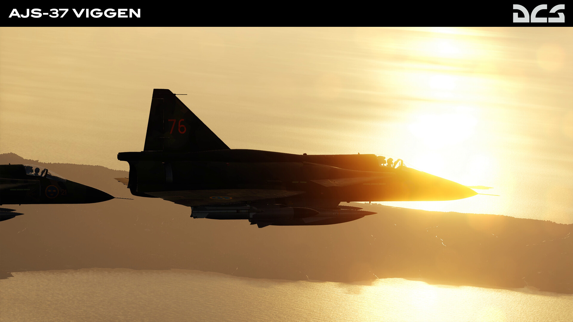 DCS World AJS-37 Viggen jets in formation against a sunset