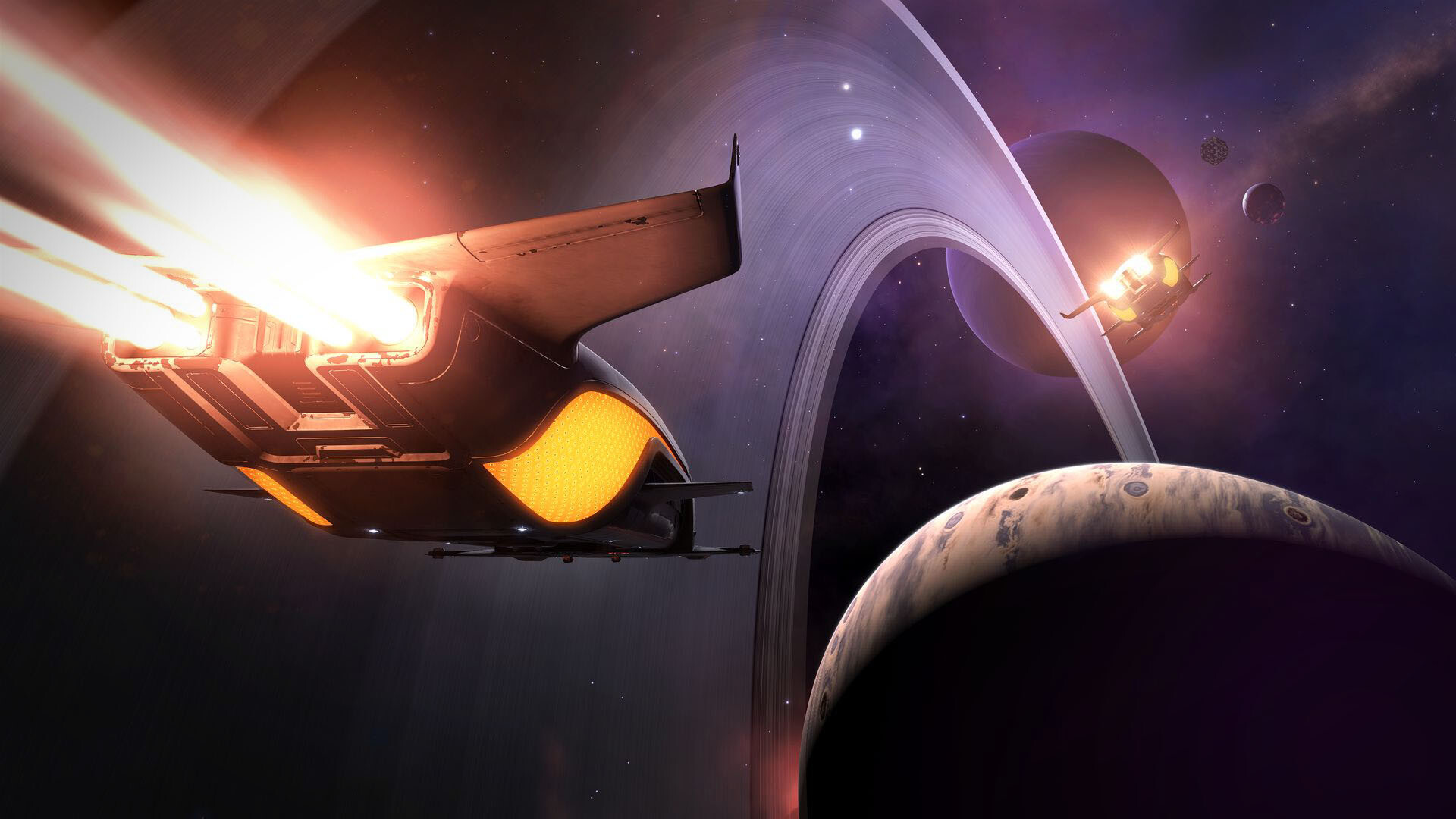 Elite Dangerous starship beside a ringed gas giant in deep space