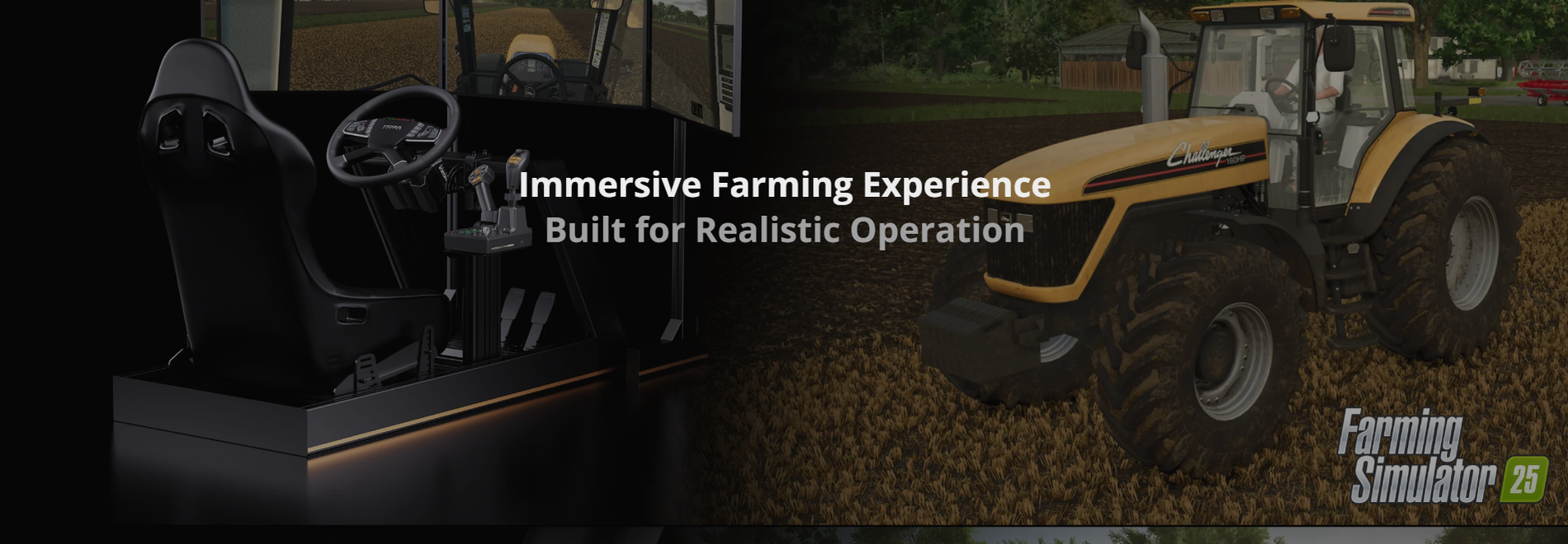 MOZA FCS mounted on a sim rig alongside a MOZA wheel running Farming Simulator 25