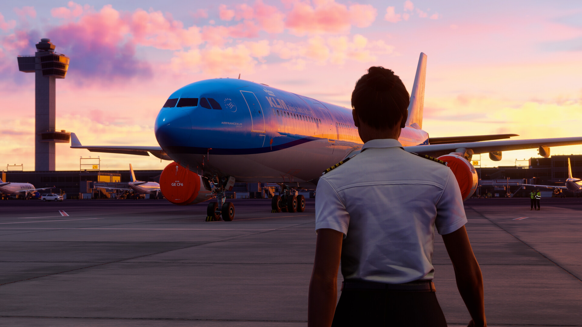 MSFS 2024 KLM Airbus A330 airliner at a dusk-lit airport