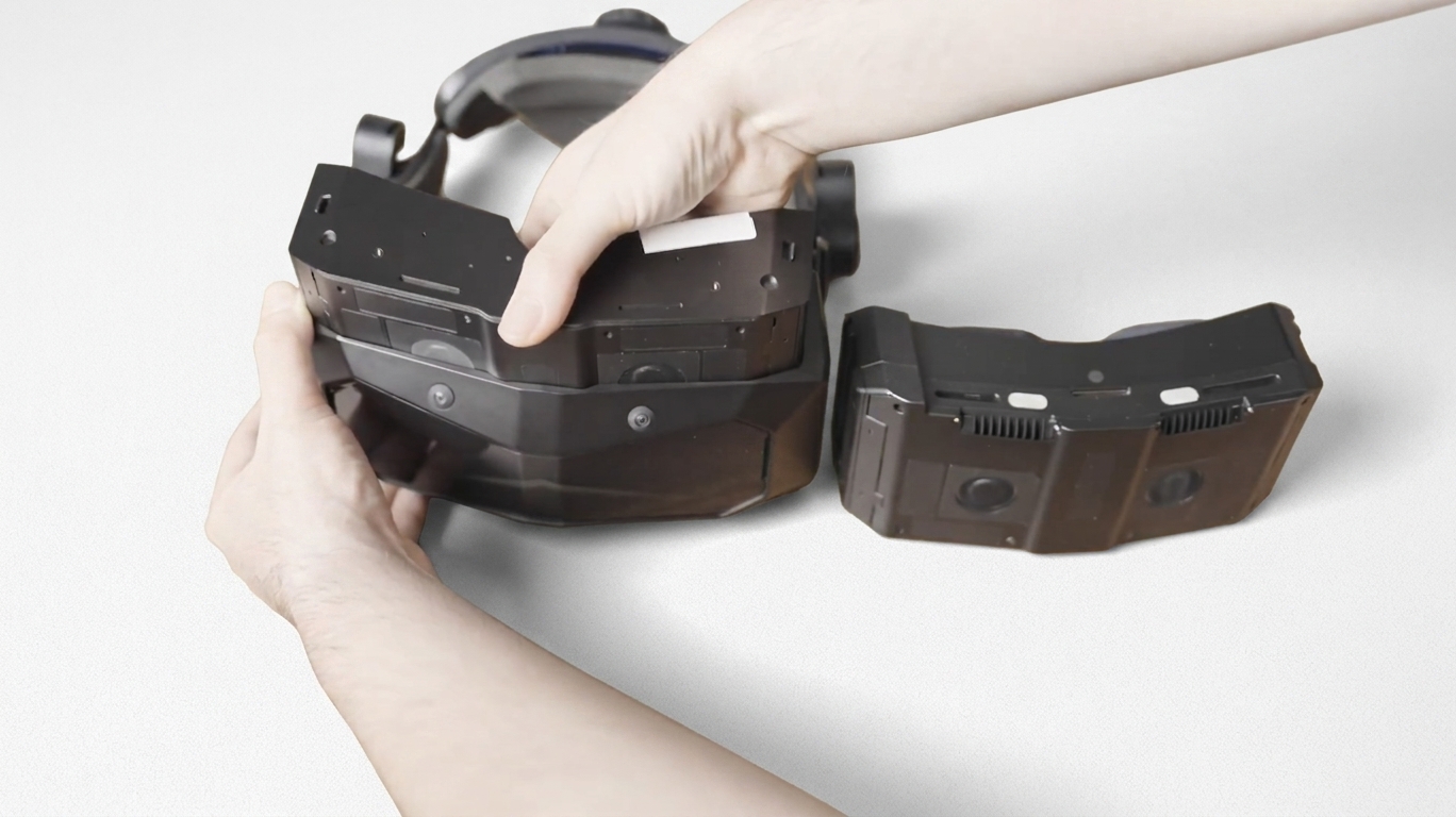 The Pimax Crystal Super optical engine separated from the headset chassis showing the mating faces