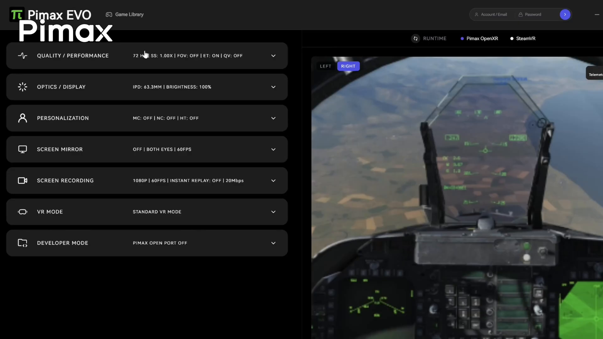 Pimax EVO app showing FOV crop and VR Mirror View settings