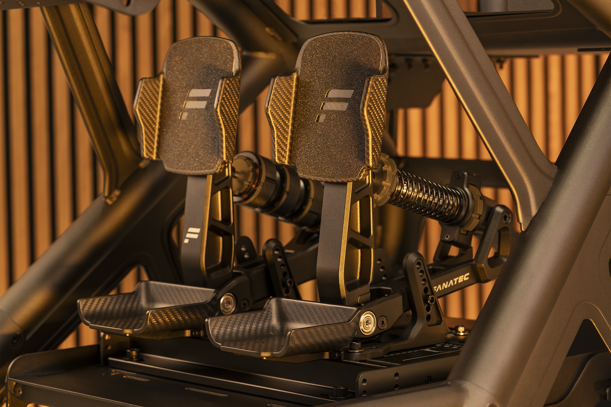 Fanatec Podium Pedals mounted on a Fanatec cockpit rig pedal plate