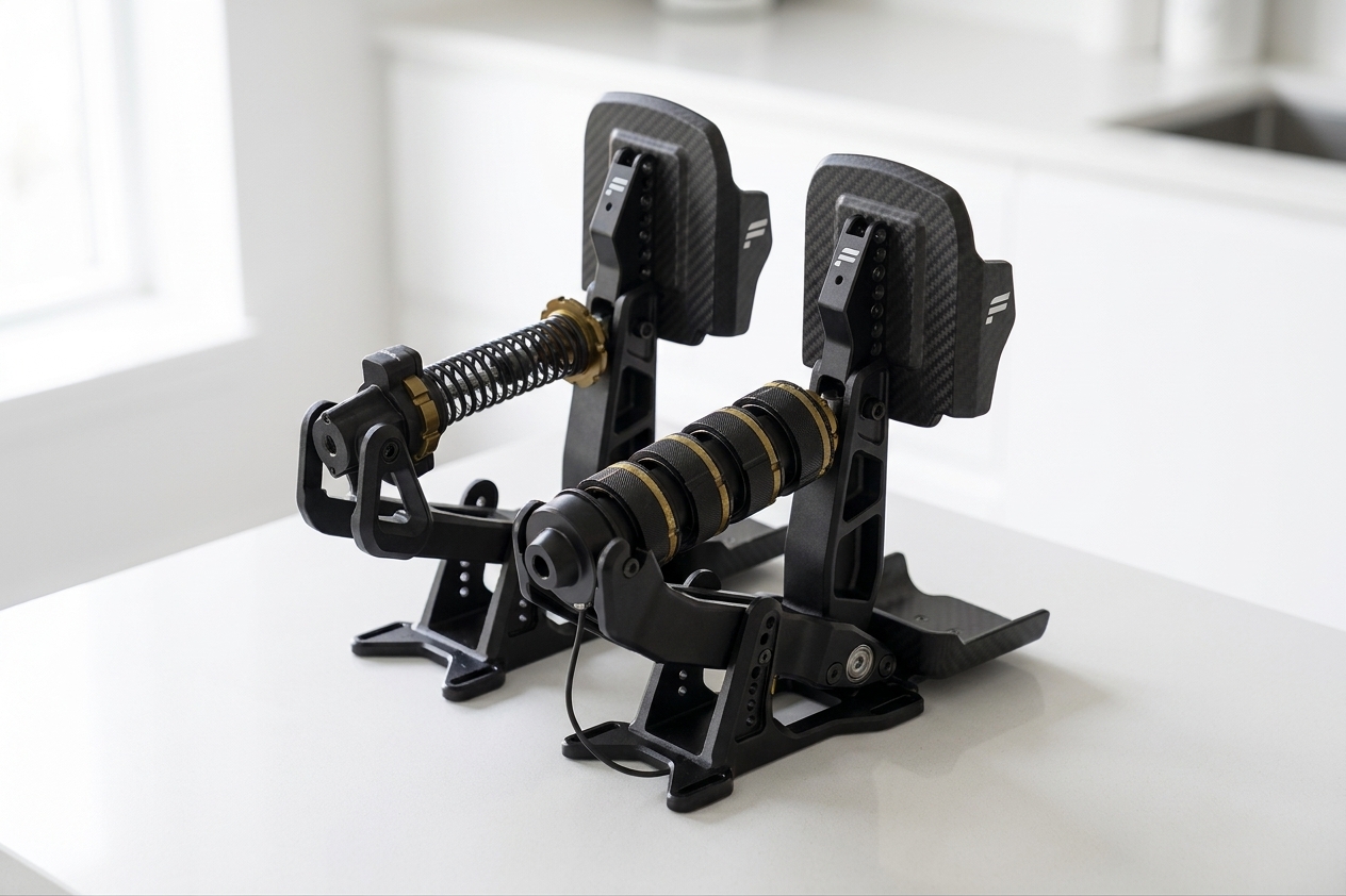 Rear view of the Fanatec Podium Pedals showing the threaded compression cups and coil spring of the Compression Control System
